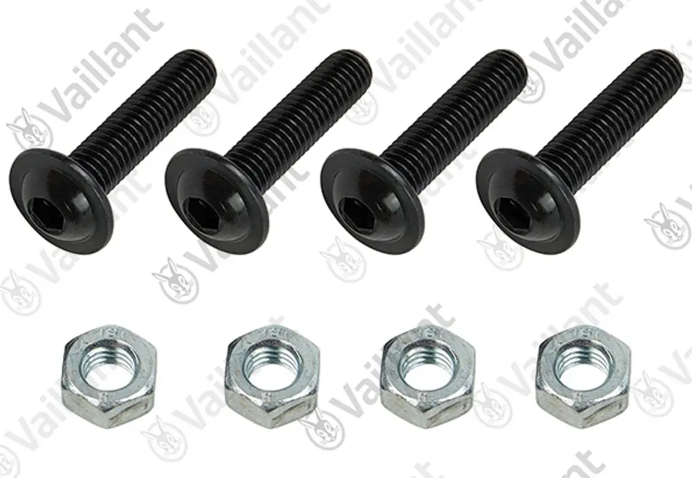 Schrauben und Unterlegscheiben von Vaillant in Schwarz und Silber, bestehend aus vier schwarzen Schrauben mit flachem Kopf und zwei silbernen Sechskantmuttern.